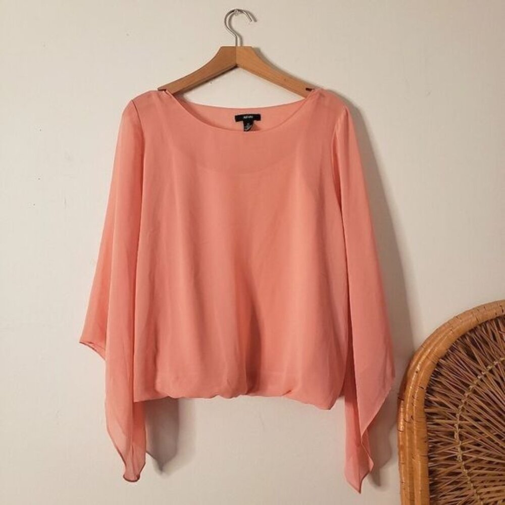 Alfani Pink Draped Blouse Bell Sleeves Chiffon Overlay Lined M
